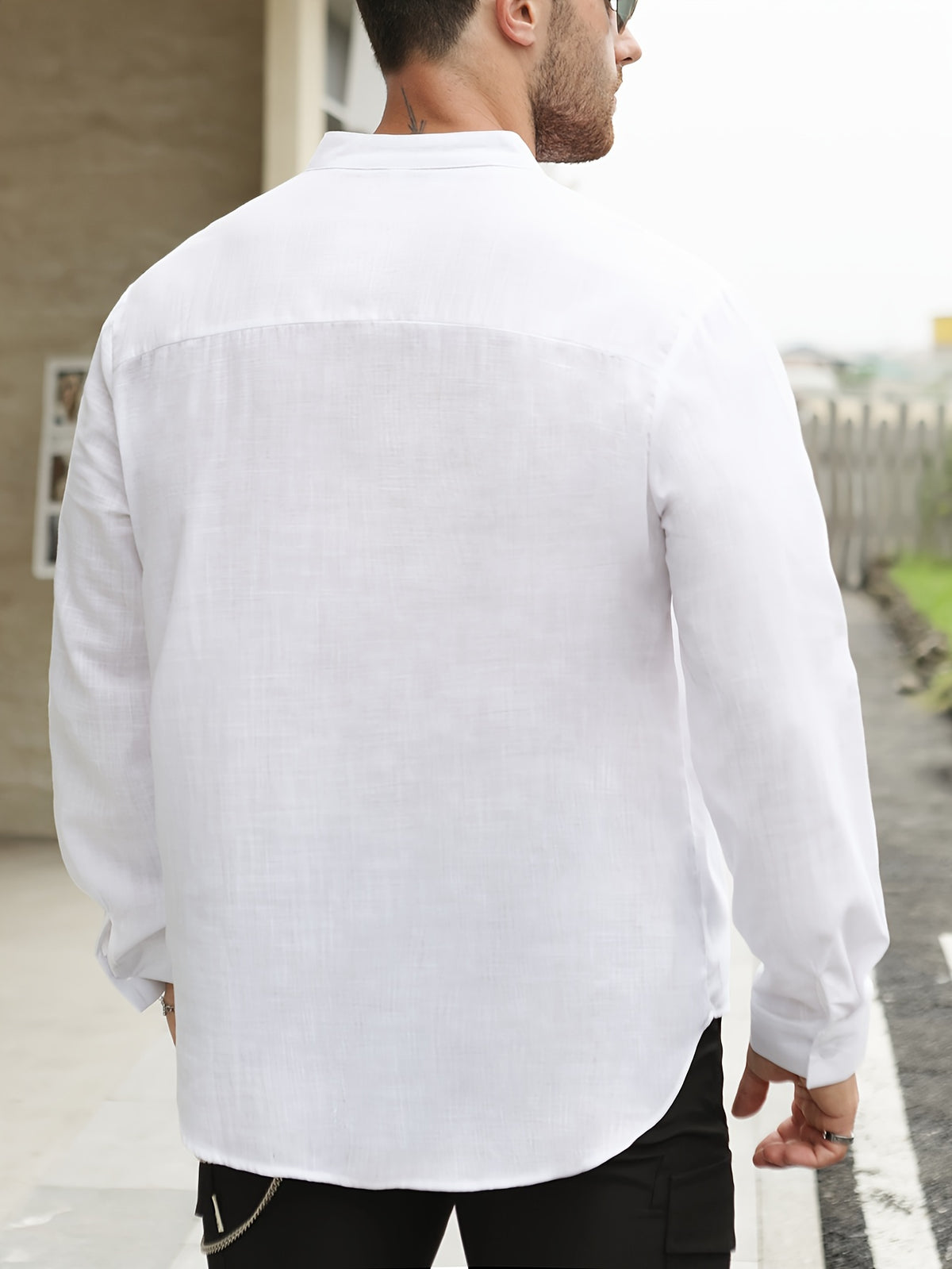 Men's Lightweight Thin Striped Stand Collar Half-Placket Solid Color Long Sleeve Shirt WISH Twill Loose Vintage Shirt - White