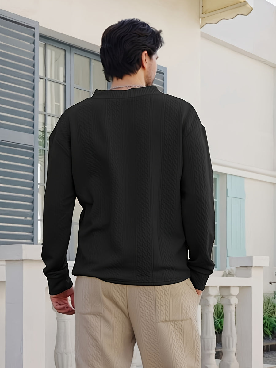 Fall Winter Men'S Casual Cable Knit Pullover, V-Neck Long Sleeve Textured Sweater with Ribbed Neckline, Cuffs, And Hem, Relaxed Everyday Top for Business Casual, Weekend, Dinner, Vacation, Travel, And Outdoor Walks - Black