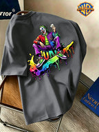 Halloween Back-To-School Men'S Short Sleeve T-Shirt, Warner Bros. Official DC Joker Sitting Colorful Dripping Trendy Cartoon Print, All-Match Casual Spring Summer Regular Fit Top, Breathable And Skin-Friendly, Suitable for Daily Outings - Dark Gray