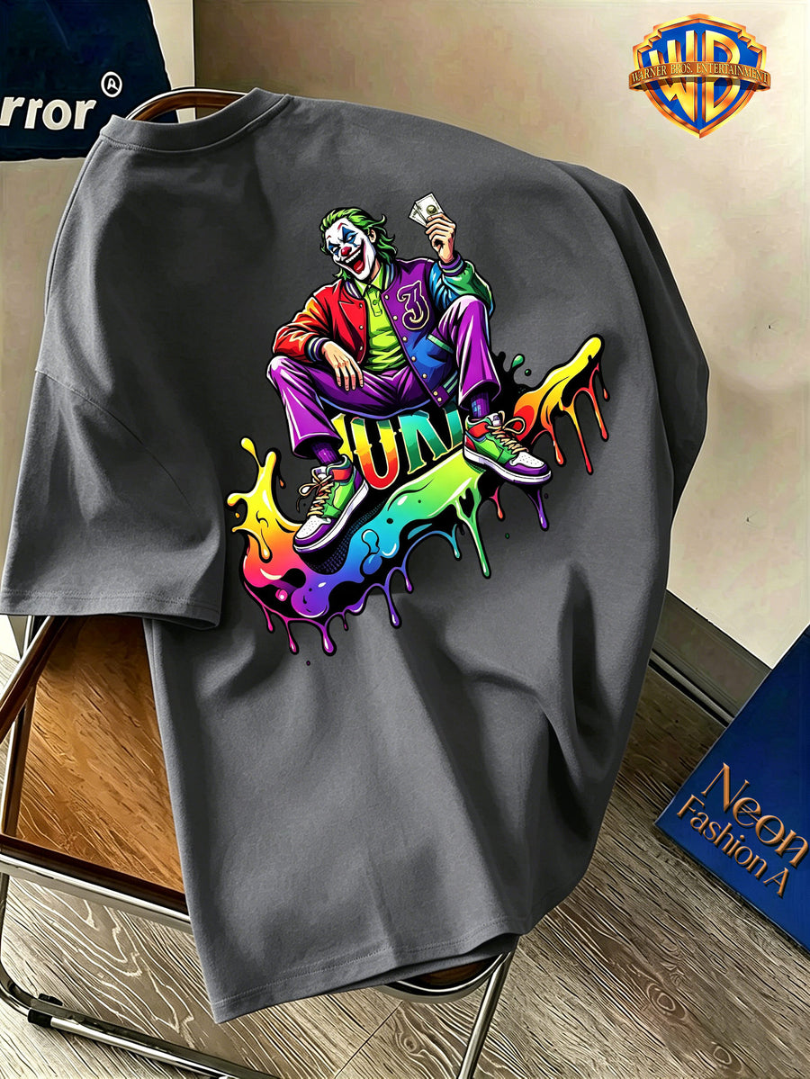 Halloween Back-To-School Men'S Short Sleeve T-Shirt, Warner Bros. Official DC Joker Sitting Colorful Dripping Trendy Cartoon Print, All-Match Casual Spring Summer Regular Fit Top, Breathable And Skin-Friendly, Suitable for Daily Outings - Dark Gray
