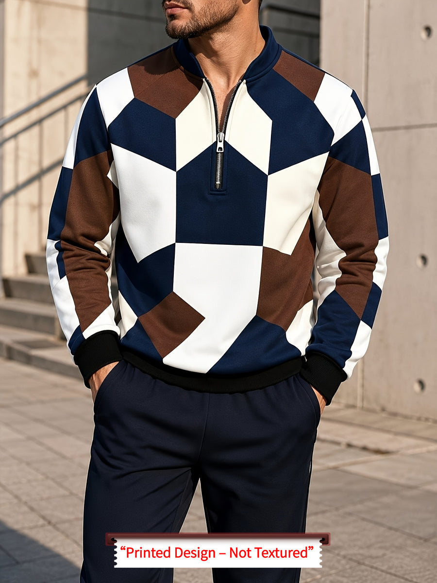 Men'S Autumn Winter Polo Zipper Sweatshirt, Men'S Retro Geometric Color-Block Digital Print Half-Zip Stand Collar Sweatshirt, Loose Casual Top, High Quality And Durable, Machine Washable, Daily Commute And Outdoor Wear - Mixed colors