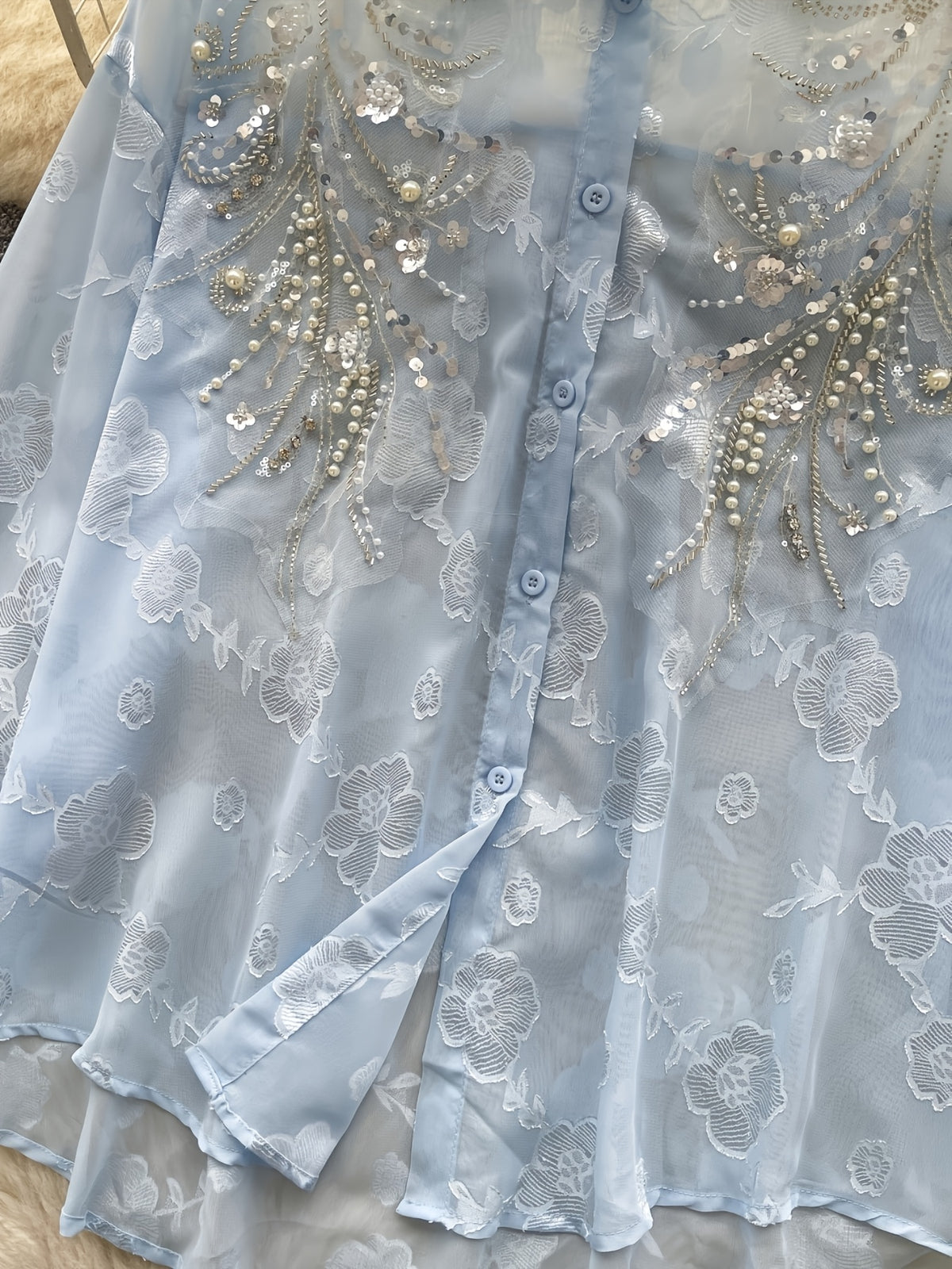 Light Luxury Socialite Heavy Bead Sequin Embroidery Lantern Sleeve Shirt Women'S Summer Thin Loose Outerwear Long Sleeve Top - Sky Blue