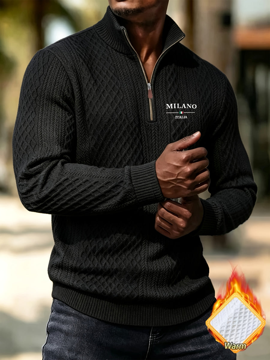 BOWZ Men's Fashion Henley Shirt, Solid Color Half-Zip Knit Top, Autumn/Winter Casual Long-Sleeve T-Shirt, Stylish and Versatile, Warm and Breathable, Suitable for Outdoor Sports and Daily Wear, Random Fabric Texture - Black