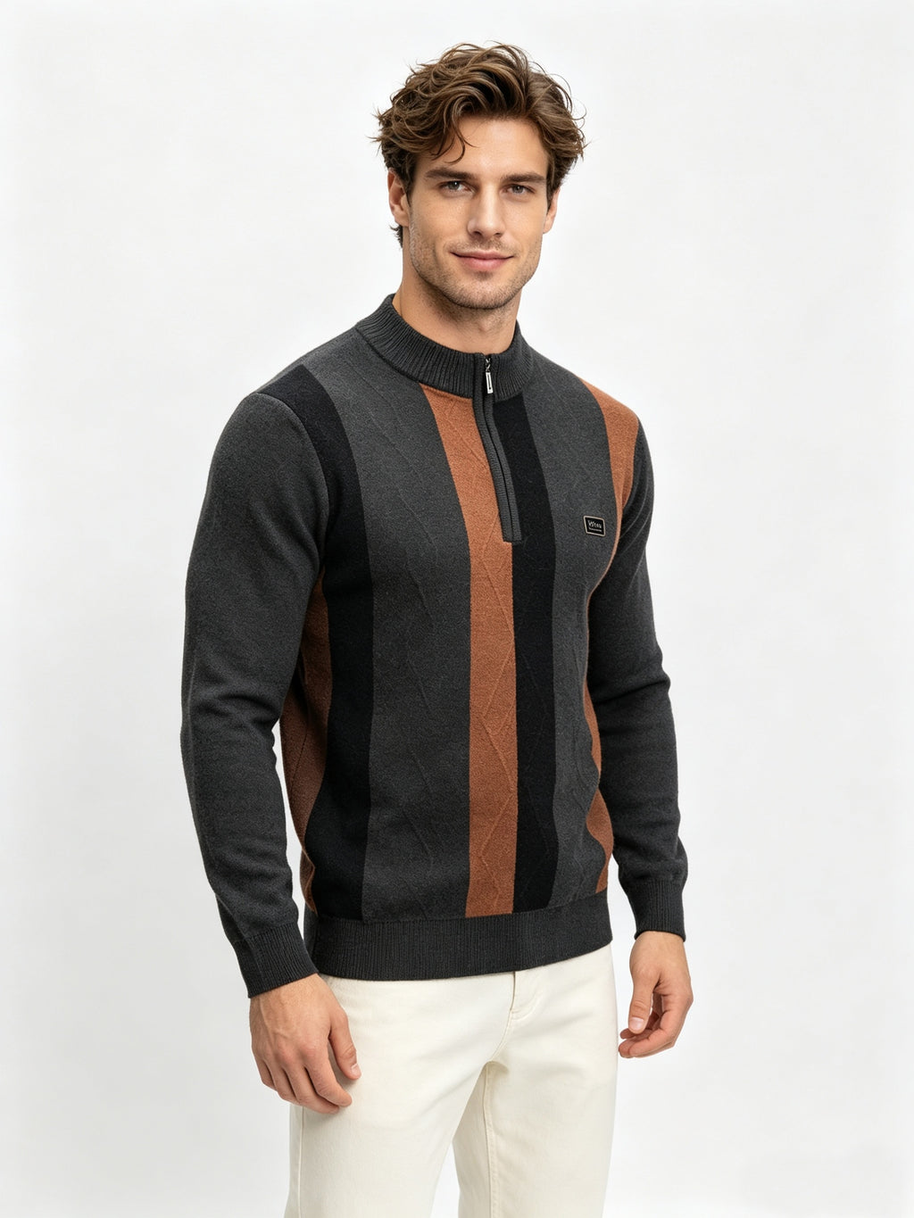 Men's Half-Zip Stand Collar Color-Block Knit Sweater, Cable Textured Pullover, Retro Sporty Fall Winter Top - Olive Green