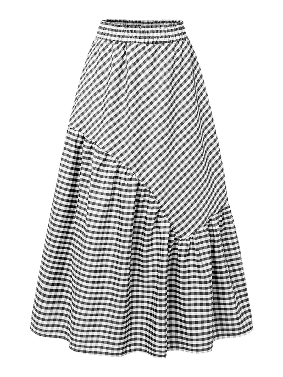 Women'S Elegant Fashion Casual Skirt, A-Line Irregular Checkered Print High-Waist Skirt, Cute And Trendy Versatile Skirt, Comfortable Fabric, Machine Washable, Suitable for Travel, Vacation, And Outings - Black