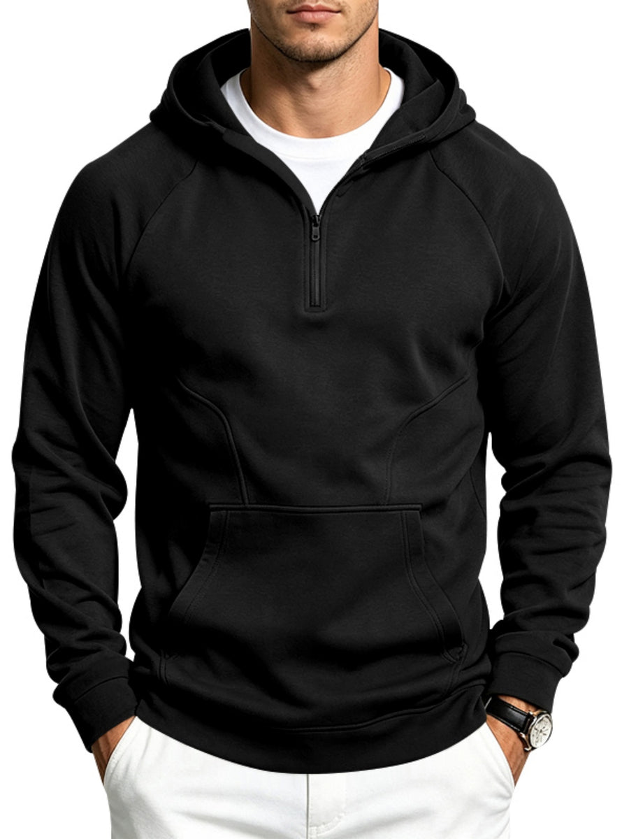 Men'S Spliced Half-Zip Pullover Hoodie, Loose Long Sleeve Sweatshirt, Outdoor Fitness Sports Casual Top for Autumn Winter - Black