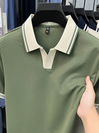 [Shule Water OBM] Summer Men'S Short Sleeve T-Shirt, Contrast Striped Cool Business Casual Versatile Top, Mid-Age Men'S Short Sleeve Collared Polo Shirt (72616) - Green