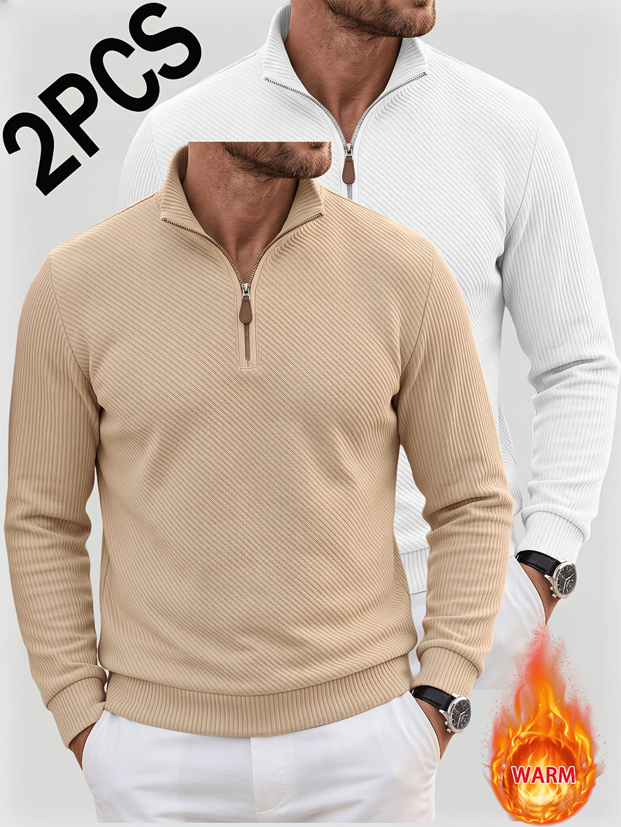 2pcs Men'S Autumn Winter New Corduroy Textured Half-Zip Stand Collar Knit Sweater Set, Light Luxury Long Sleeve Elastic Ribbed Base Layer Business Casual Inner Outerwear; Daily Commute, Home Entertaining, Camping Dating Scenarios - Khaki+White