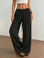 Women's Solid Color Wide-Leg Trousers - Elastic Waist Straight-Leg Pants with Adjustable Drawstring, Lightweight Loose Wide Pants Suitable for Spring Summer Fall, Casual Office Wear, Machine Washable Wide Leg Pants for Blouses - Black