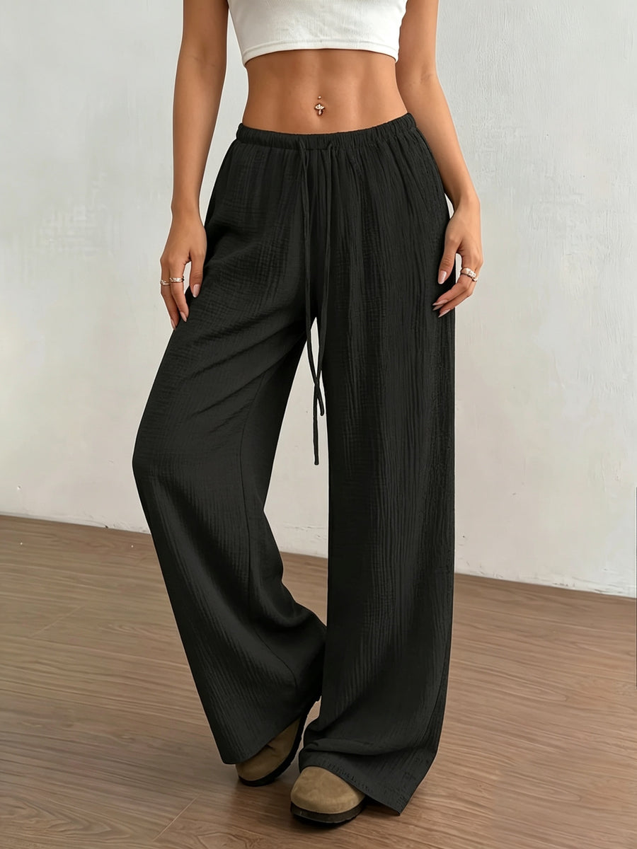Women's Solid Color Wide-Leg Trousers - Elastic Waist Straight-Leg Pants with Adjustable Drawstring, Lightweight Loose Wide Pants Suitable for Spring Summer Fall, Casual Office Wear, Machine Washable Wide Leg Pants for Blouses - Black