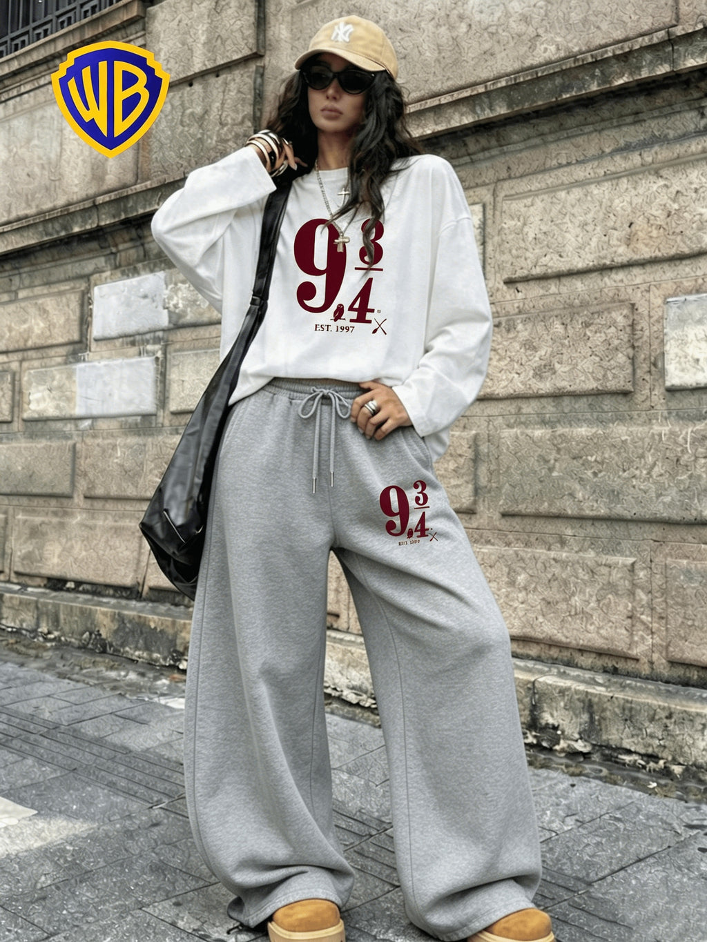 Harry Potter Platform 9¾ Print Set for Women, Korean Style Lazy Loose Fit Versatile T-Shirt + Casual Loose Versatile Floor-Length Straight-Leg Pants 2pcs Set - White+gray