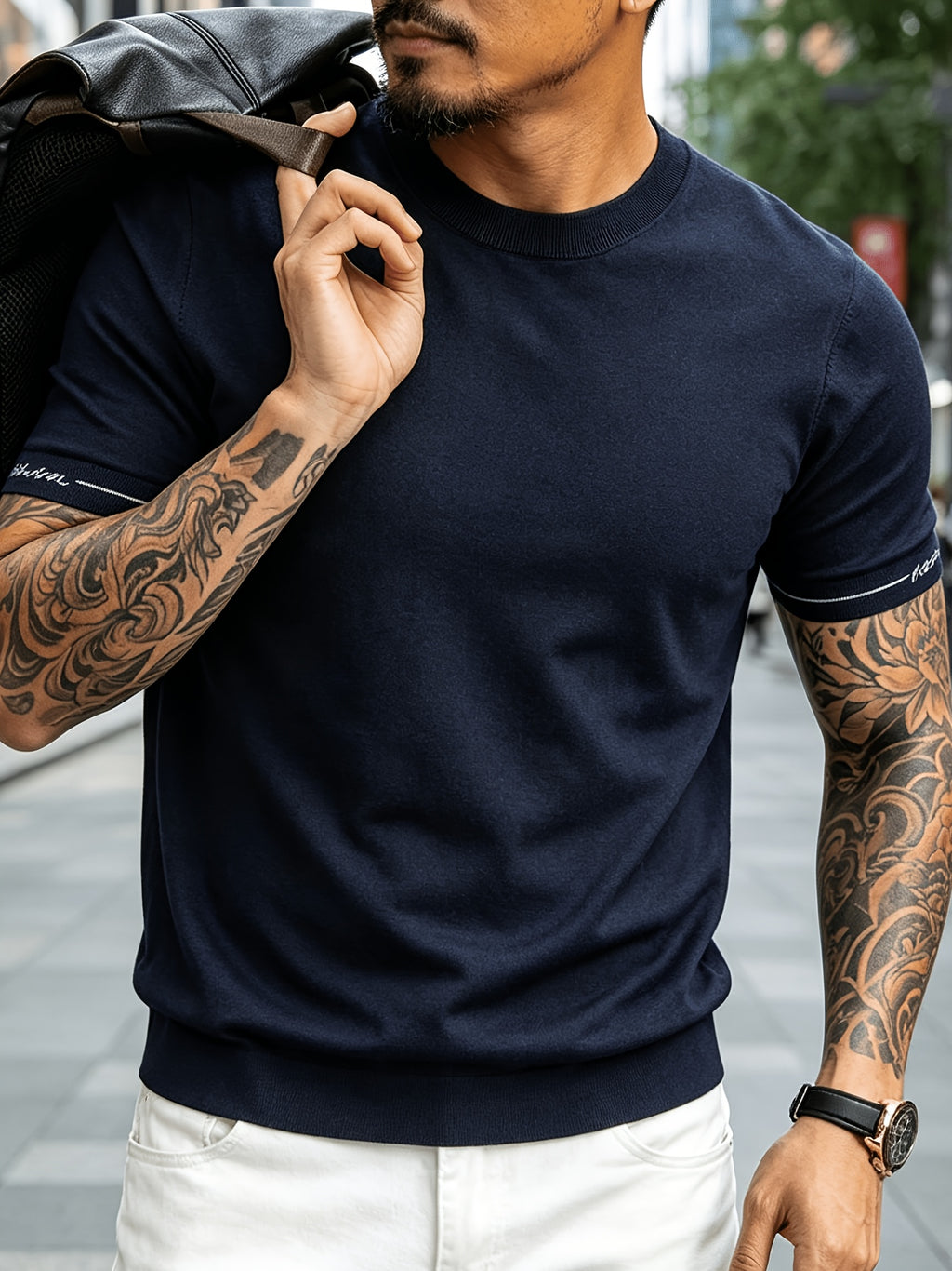 Men' Summer Short-Sleeve Knit Shirt with White-Trimmed Cuff - Stretchable Round Neck -Compatible Suitable for Urban Streetwear & Business Casual, Solid Color Multi-Color Tunic Top for Commuting and Office Wear - Dark Blue