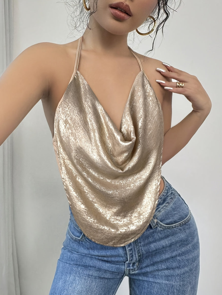 Women's Floral Mesh V-Neck Halter Sleeveless Top - Asymmetrical Design, Solid Color, Machine Washable, Elegant & Sexy for Parties & Casual Attire, Party Attire, Textured Fabric, Summer Fashion, Comfortable Fit, Stylish Blouse, Trendy Ladies - Golden