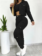 Women's Versatile 2pcs Set Featuring a Slim-fit V-neck Cropped Shirt and American-style Wide-leg Pants with Multiple Pockets, Sold Without an Inner Top - Black