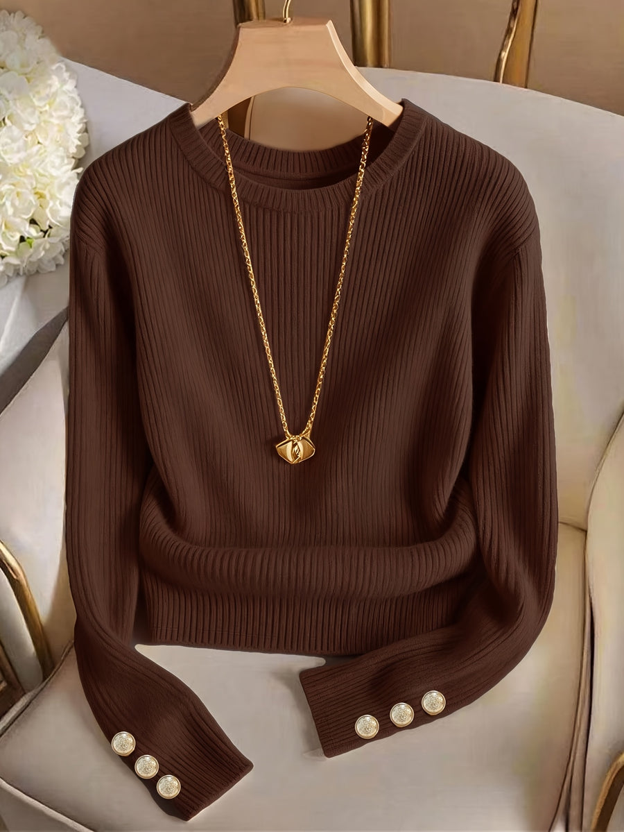 Women'S Fashion Slim Fit Crew Neck Fake Button Long Sleeve T-Shirt - Coffee Color