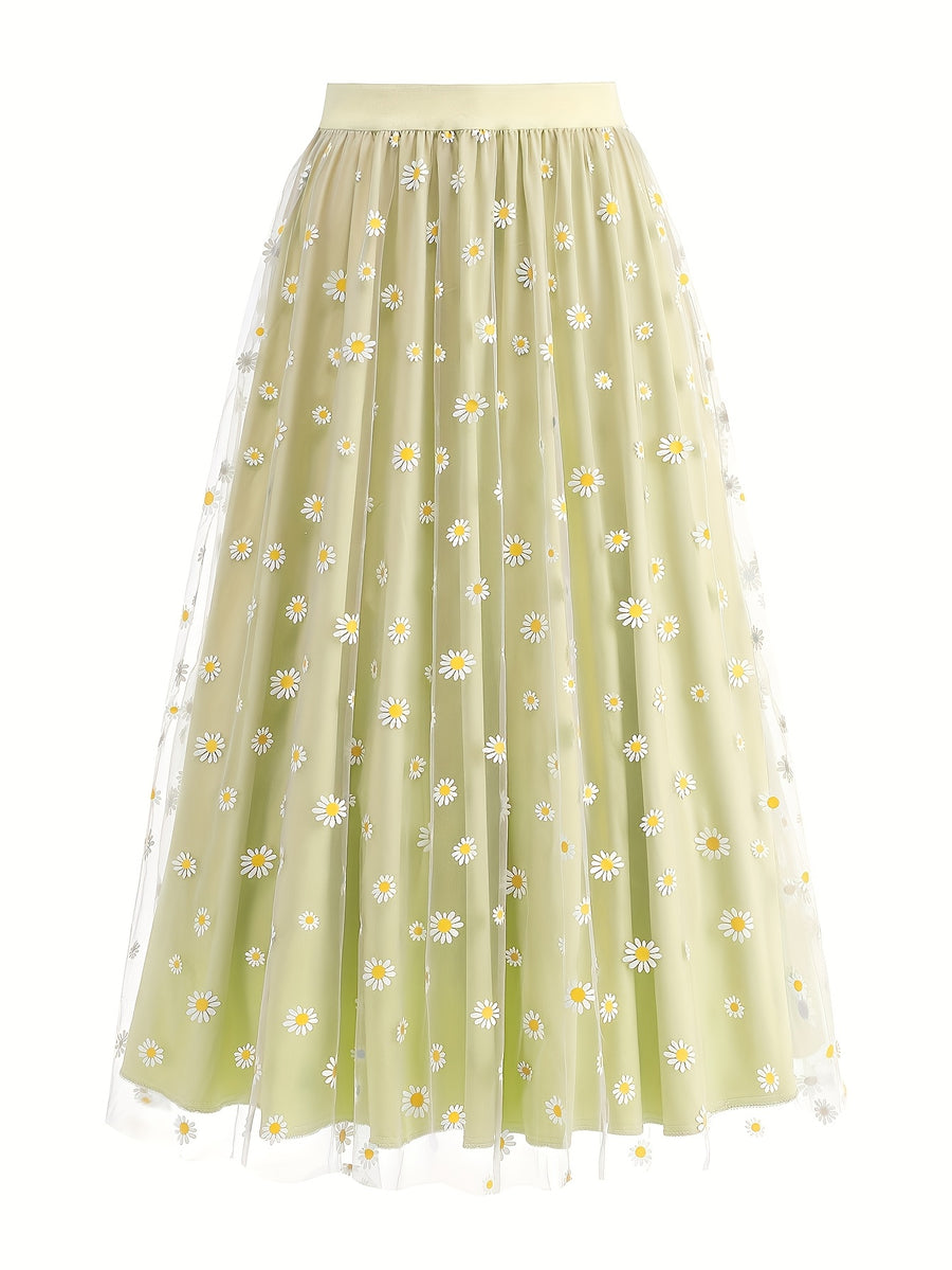 Elegant Chiffon Vacation Skirt with Small Chrysanthemum Print for Women - Yellow