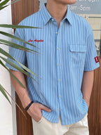 Men's Striped Short Sleeve Shirt, Casual Button Shirt with Chest Pocket, Loose Fit Summer Tops, Letter Streetwear Shirts for Men - Haze Blue
