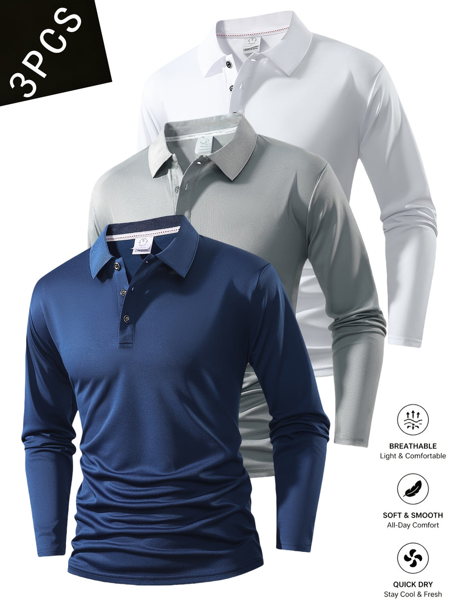 Spring And Autumn Explosive Value Three-Piece POLO Collar Long-Sleeved Top for Men, Stylish, Easy And Versatile, Solid Color Design, Multi-Color Optional Sports And Casual, Soft And Comfortable, Jumper, 220G/Square Meter Fabric Weight - Navy Blue+gray+white
