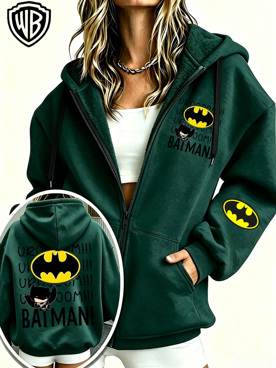 Everyday Casual Zip-Up Hooded Cardigan Jacket, Officially Licensed Warner Bros. DC Batman with Classic Bat Logo, Paired with Vintage "BOOM" Onomatopoeic Fun Lettering Font, Featuring Multiple Dark Hero-Style Prints on the Garment, a Simple and Cool - Green
