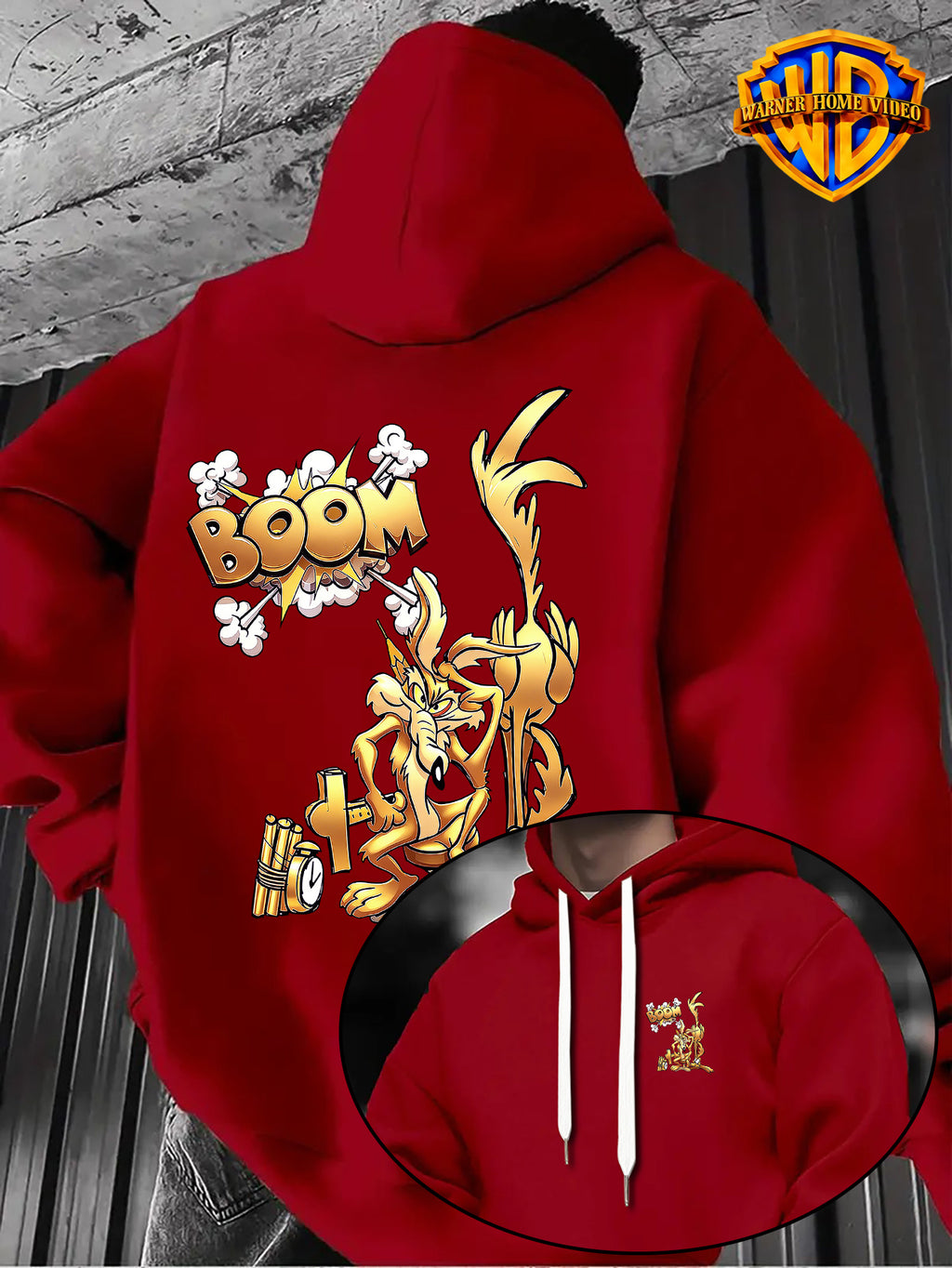 Warner Bros Official 1pc, Vintage Monochrome Gilded Original Art BOOM Exploding Crooked Heart Wolf Cartoon Streetwear Hoodie - Men's Fashion Hoodie, Double-Sided Front and Back Print, Adjustable Drawstring Loose and Comfortable Sweatshirt - Red