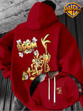 Warner Bros Official 1pc, Vintage Monochrome Gilded Original Art BOOM Exploding Crooked Heart Wolf Cartoon Streetwear Hoodie - Men's Fashion Hoodie, Double-Sided Front and Back Print, Adjustable Drawstring Loose and Comfortable Sweatshirt - Red