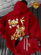 Warner Bros Official 1pc, Vintage Monochrome Gilded Original Art BOOM Exploding Crooked Heart Wolf Cartoon Streetwear Hoodie - Men's Fashion Hoodie, Double-Sided Front and Back Print, Adjustable Drawstring Loose and Comfortable Sweatshirt - Red