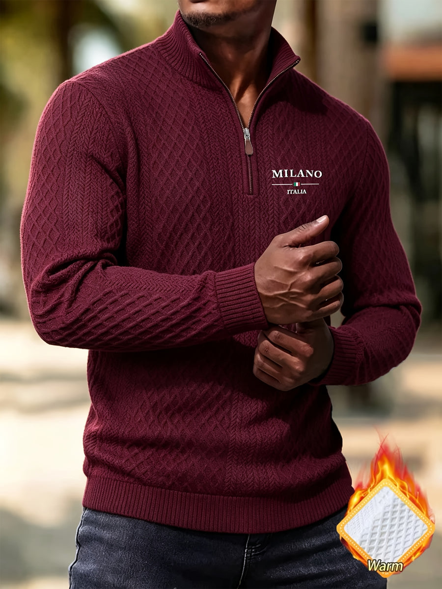 BOWZ Men's Fashion Henley Shirt, Solid Color Half-Zip Knit Top, Autumn/Winter Casual Long-Sleeve T-Shirt, Stylish and Versatile, Warm and Breathable, Suitable for Outdoor Sports and Daily Wear, Random Fabric Texture - Deep Red