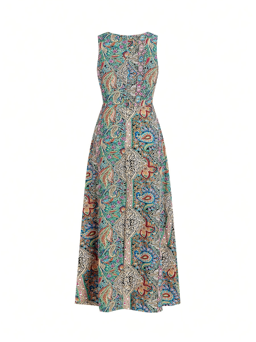Women'S Elegant Vacation Style Floral Print Round Neck Jumpsuit - Mixed colors