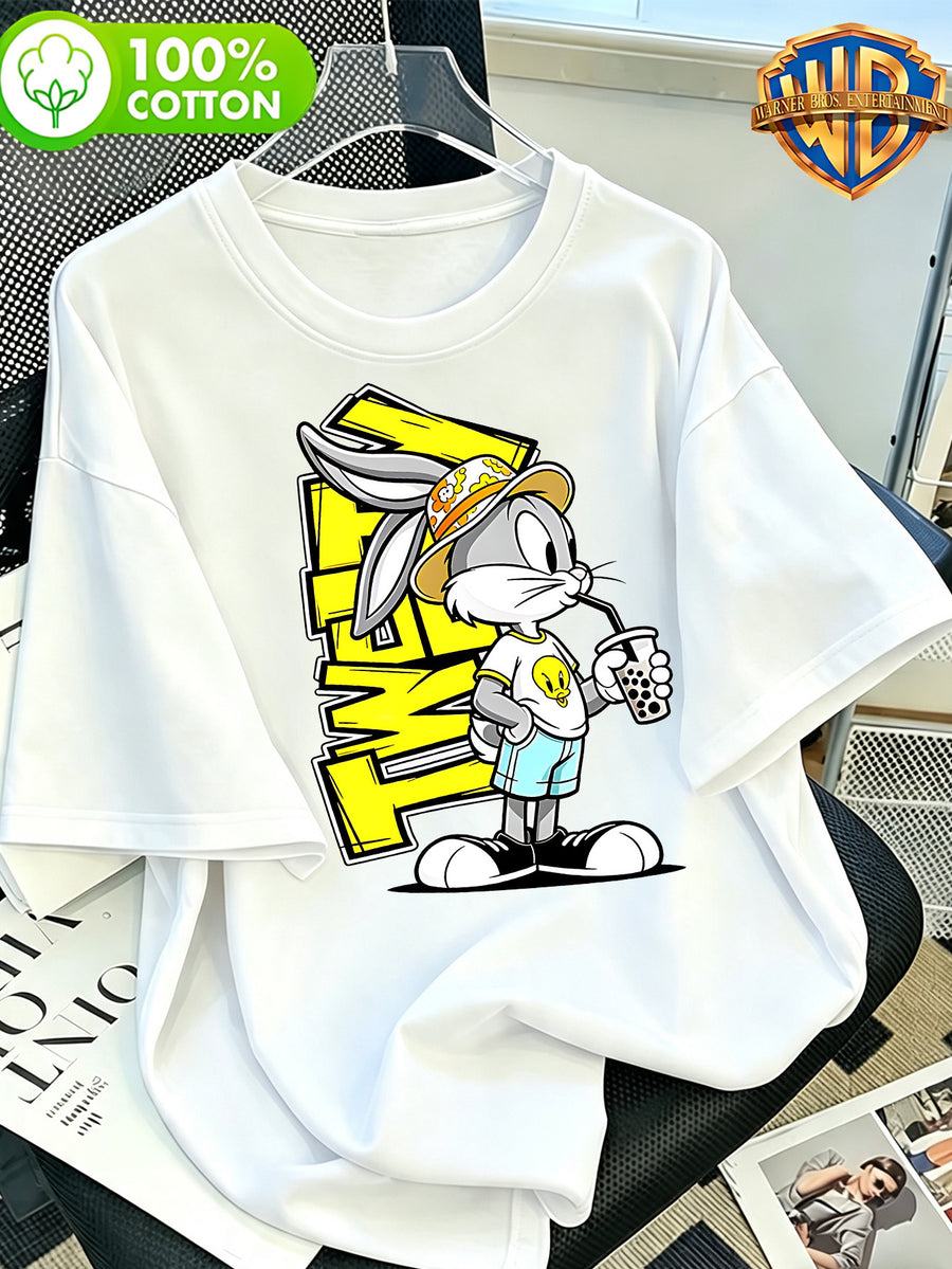 [Warner Official License] Crew Neck Casual Short Sleeve Top, Men'S 100% Casual Comfortable And Versatile Summer Short Sleeve T-Shirt, Suitable for Outdoor Wear, Gym, Office And Everyday Fashion - Men And Women Can Wear - White