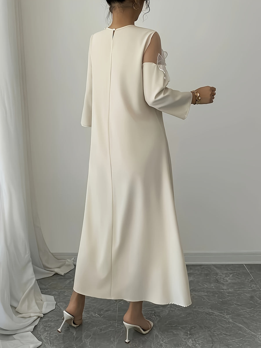 BK0629041 Targeted Elegant Special Spring/Autumn Women's Three-Quarter Sleeve Loose Dress, Round Neck Solid Color Long Dress, Sheer Mesh with Floral Embroidery, Asymmetrical Design, Floral Embroidery Adds Romantic Touch, Straight Cut Fits All Body - Apricot
