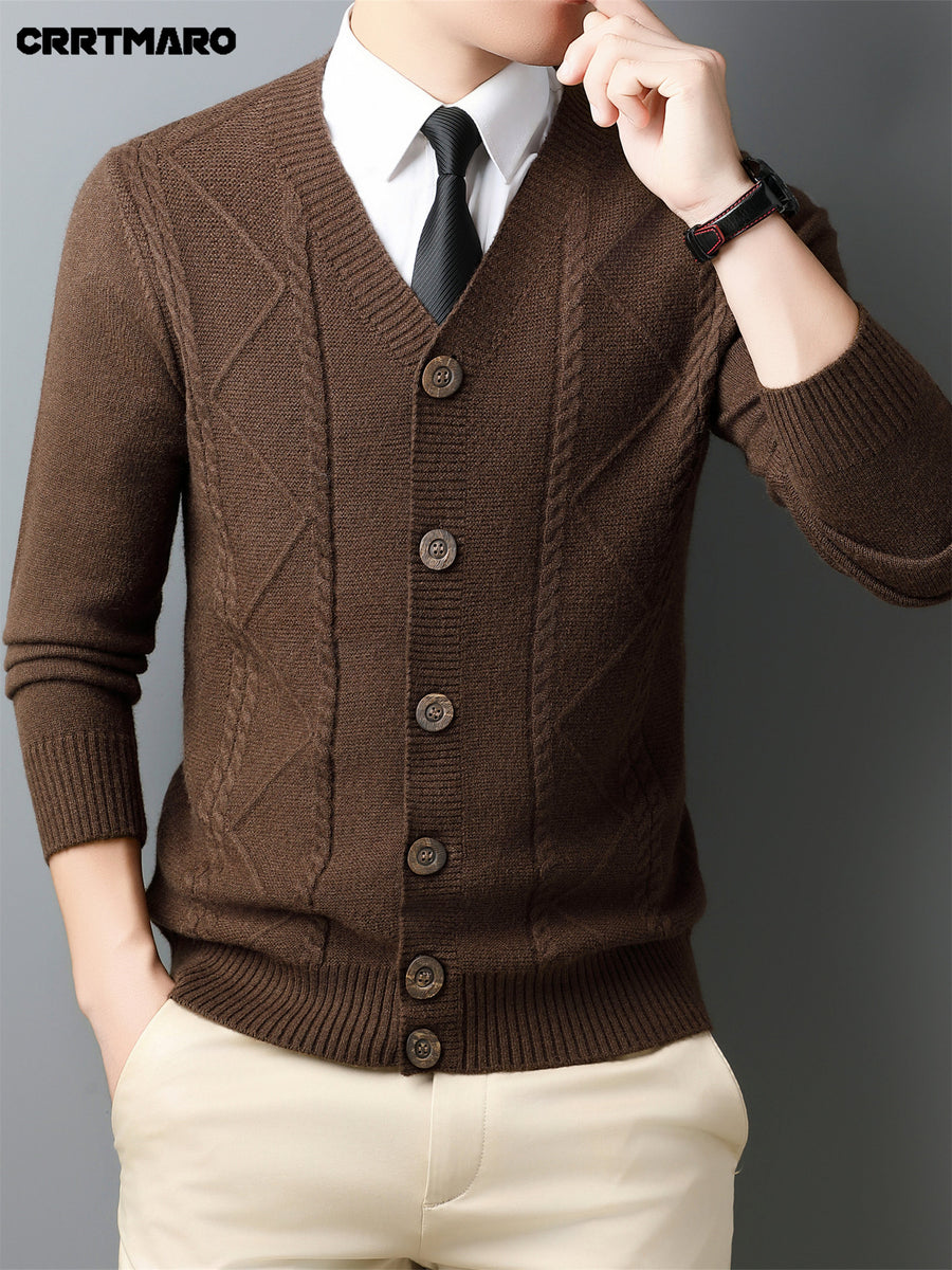 Men'S Wool Blend, Thick Knit Cardigan, Warm Casual Layering Top for Fall And Winter - Black Coffee
