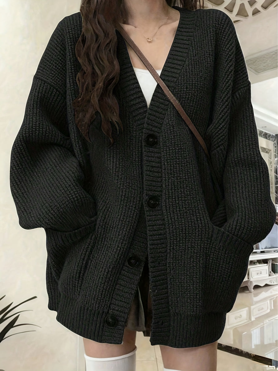 Button Front Cardigan With Patched Pocket, Casual V Neck Solid Color Ribbed Drop Shoulder Cardigan For Fall & Winter, Women's Clothing - Deep Grey