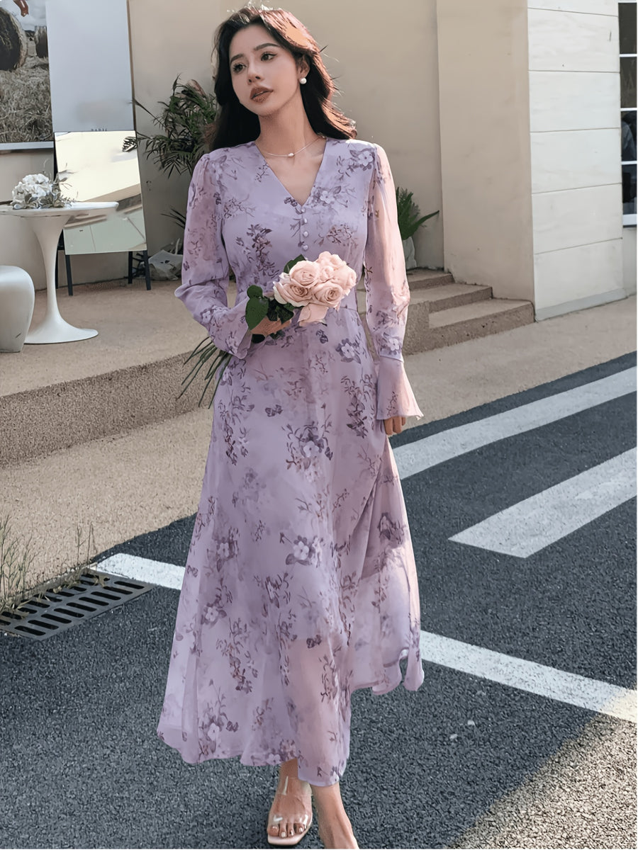 Women's Floral Print Elegant Vacation Style Dress - Purple