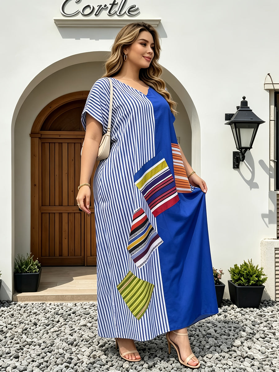 Plus Size, Women's Color-Block Spliced Striped Loose Robe Dress, V-Neck Batwing Short Sleeve Plus Size Long Dress for Covering Flaws, Casual Ankle-Length Cover-Up Robe - Blue