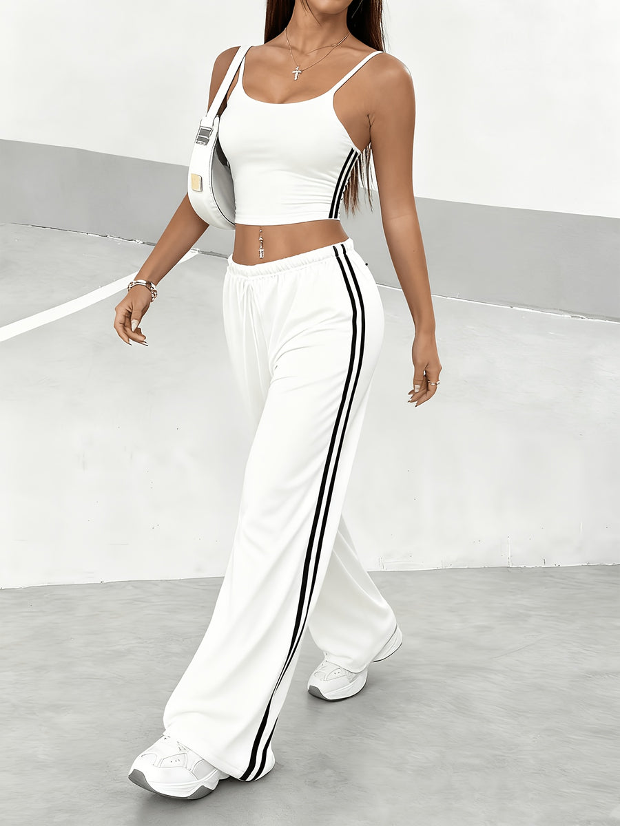 Spring/Summer New Women's Outfit Set, Crop Top + Wide-Leg Pants with Contrast Side Stripes - American y Style & Korean Lazy Chic Look - White