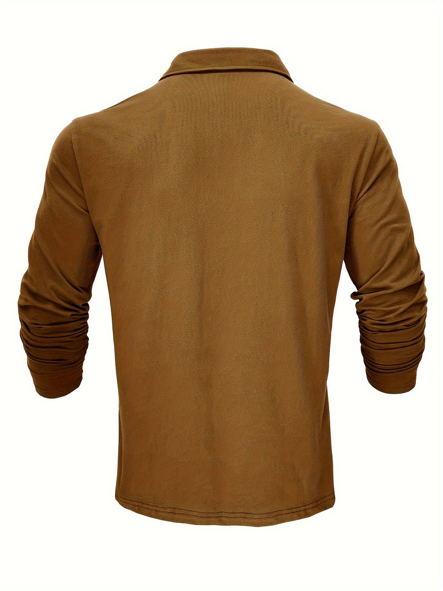 New Style Lapel European And American Style Men'S T-Shirt, Solid Color, Cross-Border Foreign Trade Men'S Long-Sleeve Polo Shirt - Mud Yellow