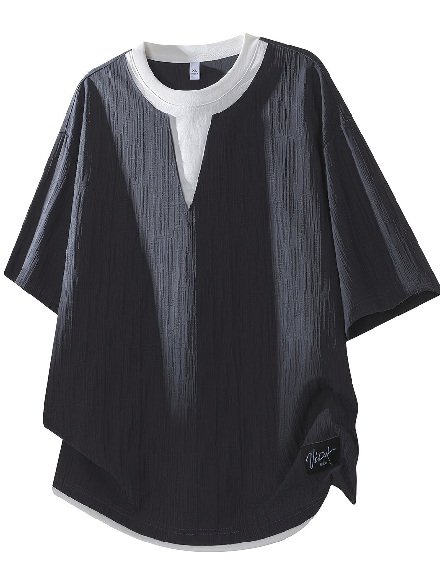 American Faux Two-Piece V-Neck Short Sleeve T-Shirt for Men, Spring Summer All-Match Trendy Couple Wear Loose Casual Short Sleeve Inner Layer, Casual Round Neck with Appropriate Neckline for Inner And Outer Wear - Grey