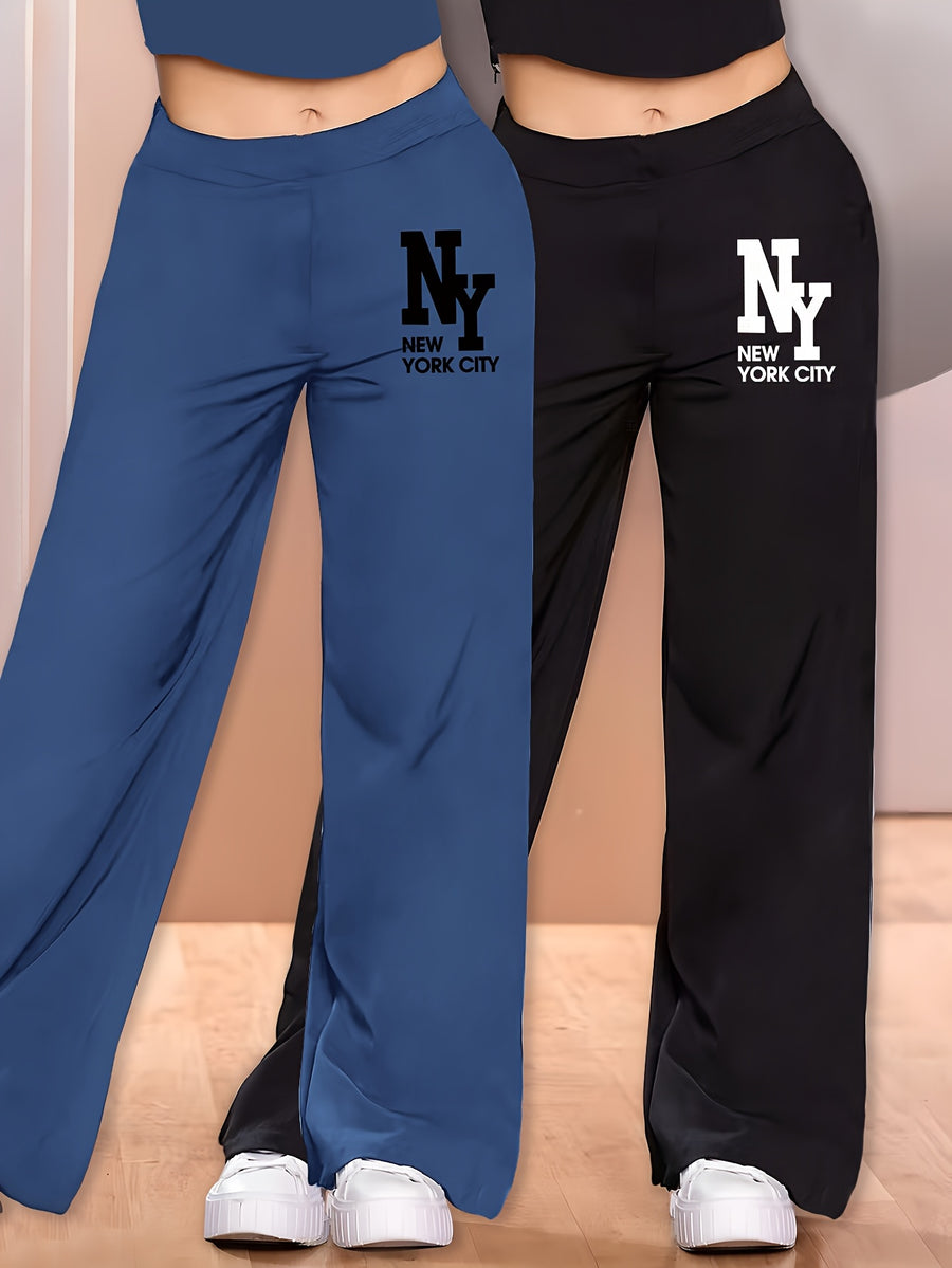 Elegant - 2pcs Women's Wide-Leg Casual Pants, Summer Lightweight Style, Letter Print - Blue+black