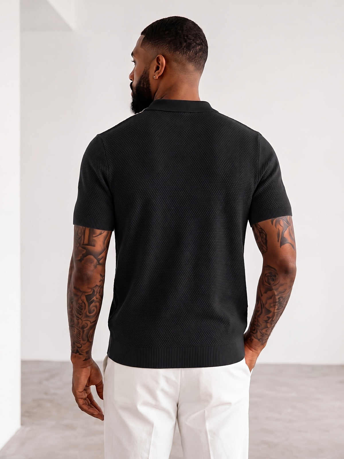 Men'S Easy Casual Short-Sleeve Knit Top, Made of Pure with Fine Mesh Texture, Skin-Friendly And Breathable, Relaxed Casual Style, Classic Versatile Design with Exquisite Details, Solid Color for a Warm And Easy Look - Black