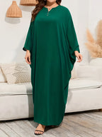 Ramadhan Women's Batwing Sleeve Kaftan Dress - Solid Color Maxi Dress with Round Neck, Machine Washable & All-Season Comfort, Fitted Traditional Style for Casual & Formal Occasions, Muslim Dress, Modest Apparel, Elegant Silhouette, Quality Textile - Dark Green