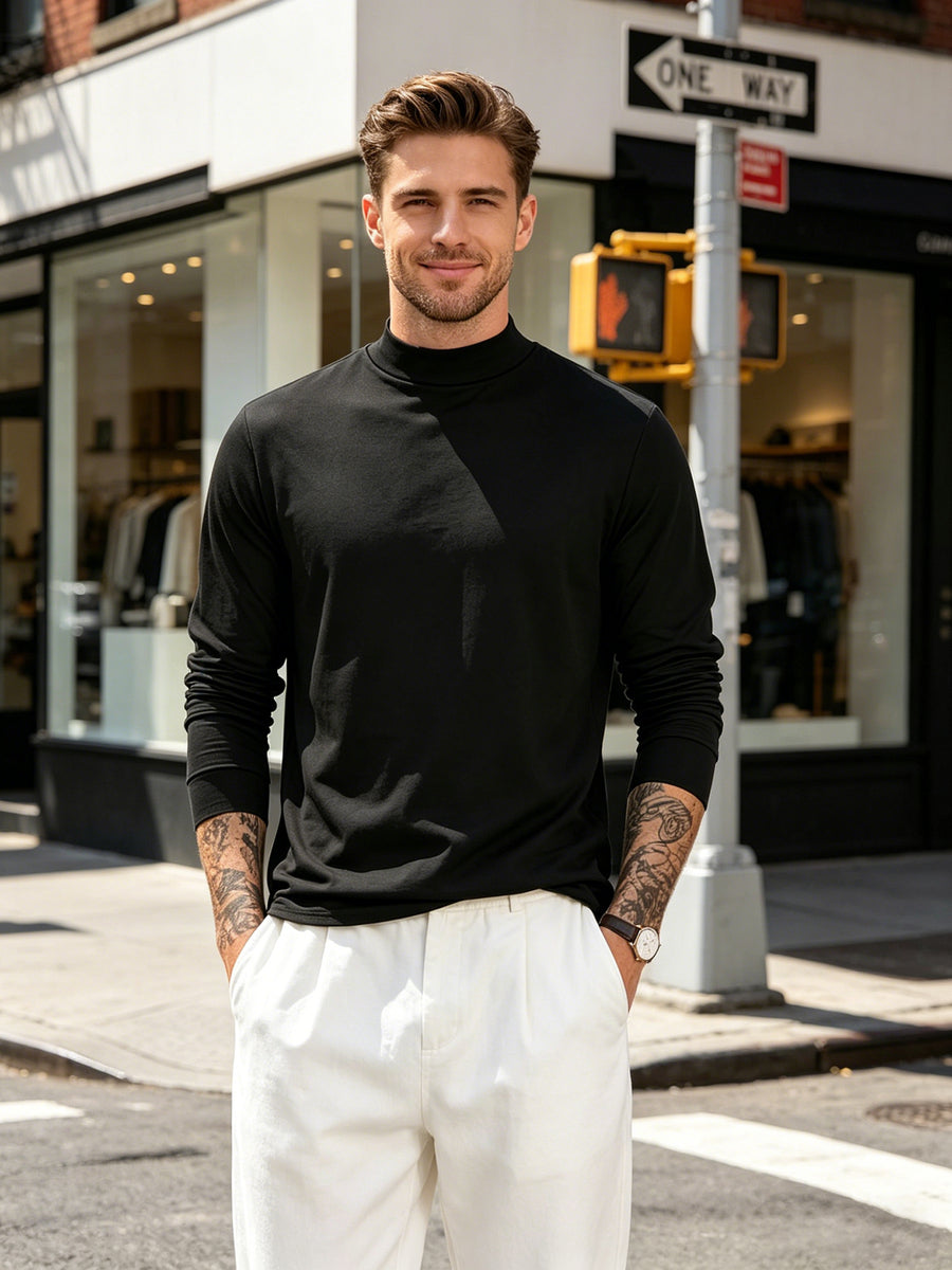 Casual Sports Long Sleeve Top, Men'S Autumn Winter Solid Color Casual Comfortable Long Sleeve Small High Neck Base T-Shirt, Suitable for Outdoor, Holiday, And Sports, Casual Top - Black