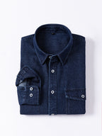 Men'S Casual Shirt American Retro Denim Shirt Fashion Trendy Double-Pocket Utility Shirt Button-Up Long Sleeve T-Shirt Spring Autumn Thin Outerwear - Navy Color