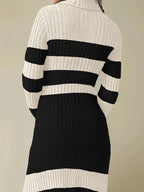 French-Style Elegant High Neck Striped Color-Block Dress for Women, Designer Over-the-Knee Slim-Fit Base Layer Hip-Hugging Skirt - Black