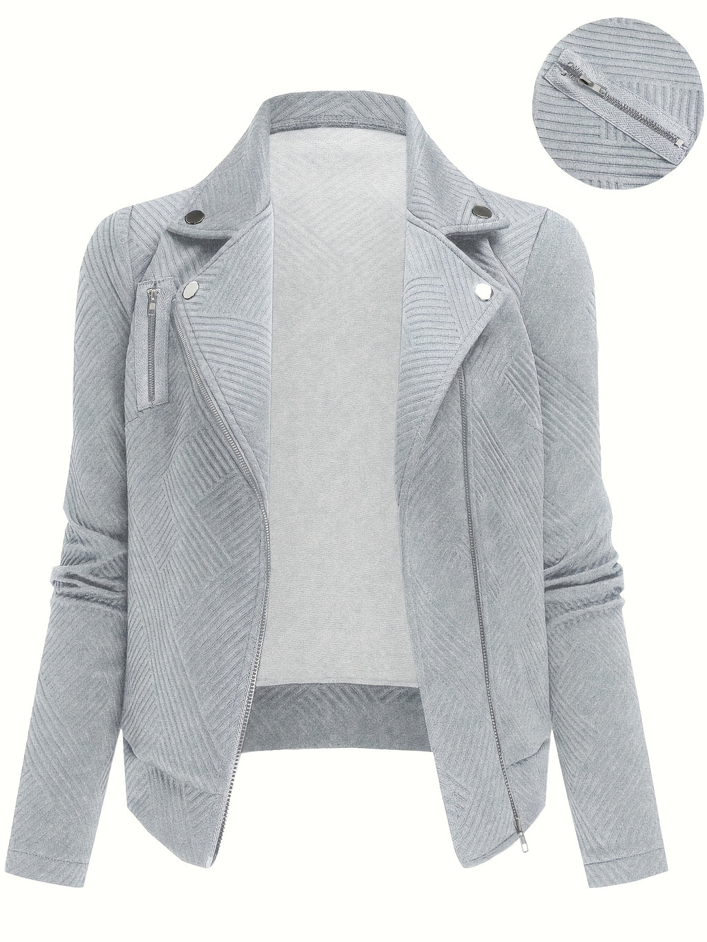 A New Women'S Solid Color Maze Check Zippered Button Decorative Motorcycle Jacket, Stylish And Elegant for Commuting And Casual Wear in Autumn And Winter. The Top Design Is Trendy, with a Unique Style, High-Quality Stitching, Soft Texture - Grey
