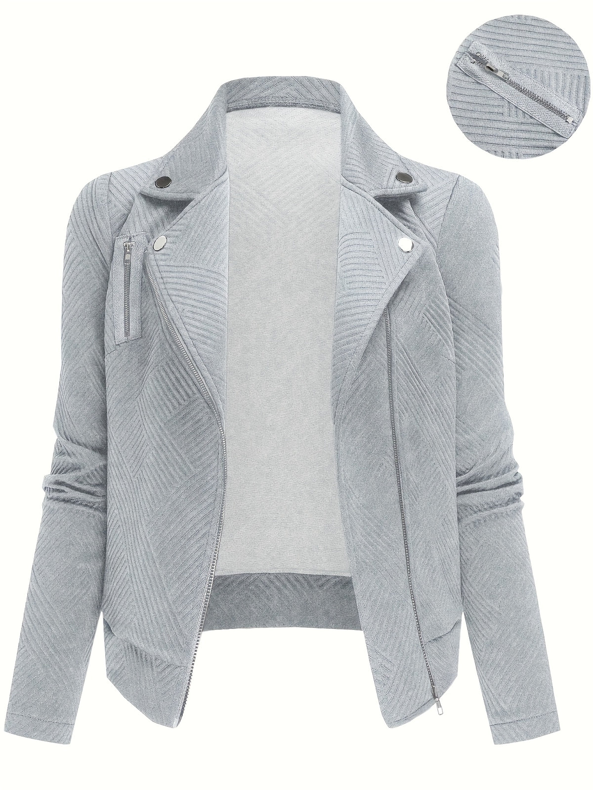 A New Women'S Solid Color Maze Check Zippered Button Decorative Motorcycle Jacket, Stylish And Elegant for Commuting And Casual Wear in Autumn And Winter. The Top Design Is Trendy, with a Unique Style, High-Quality Stitching, Soft Texture - Grey