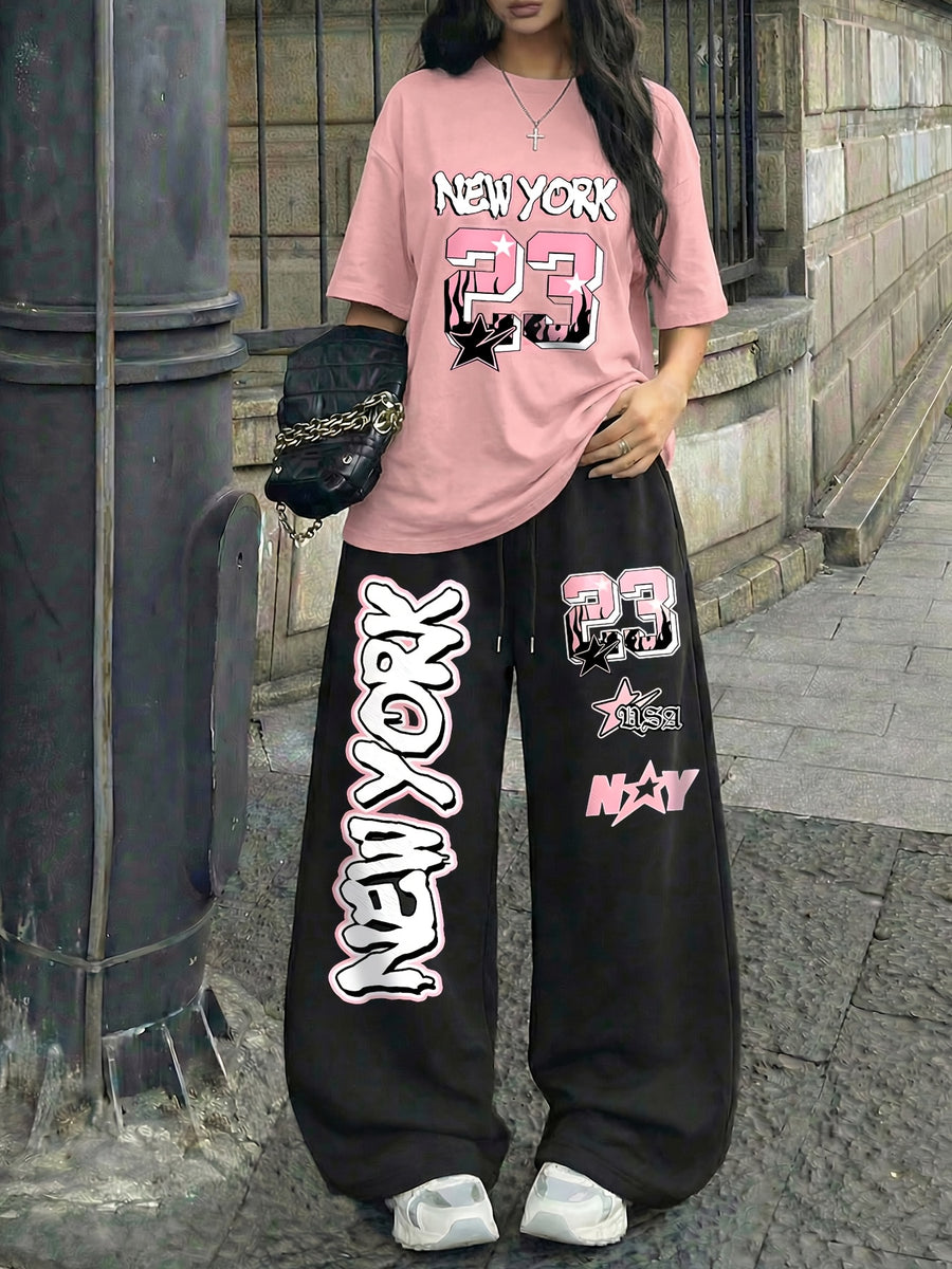 NEW YORK" and Number 23 Print Casual Streetwear Crew Neck Short Sleeve Top and Loose Drawstring Long Pants 2pcs Set, Women's Jersey Sporty Style Outfit, Suitable for Summer Street Style Hot - Pink+Black