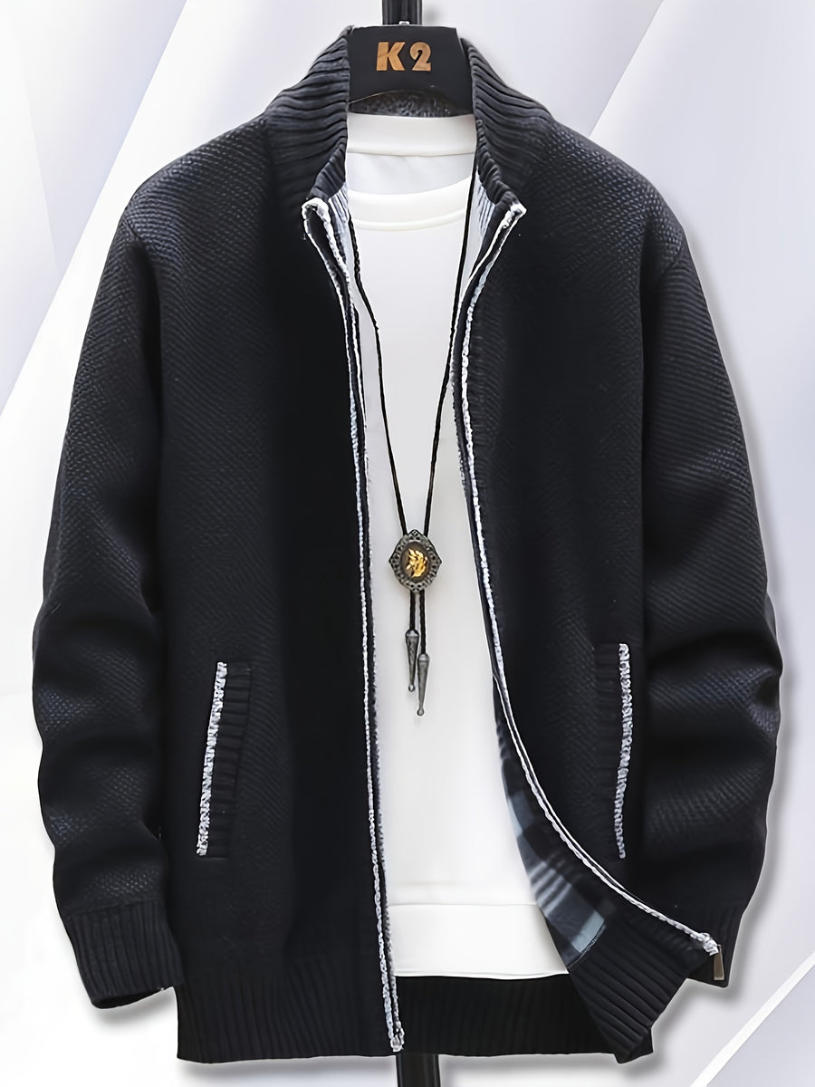1pc Single Piece Men'S Autumn And Winter Stand Up Collar Knitted Sweater Jacket, Autumn And Winter Knitted Sweater Zipper Cardigan, Casual Thick Warm Sweater Jacket (Solely Includes 1 Jacket) - Black