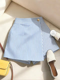 Elegant Fashion New Spring Summer Women'S Striped Back Elastic Button-A-Line Design Loose Casual Commuter All-Match High-Waist Skirt Pants - Blue