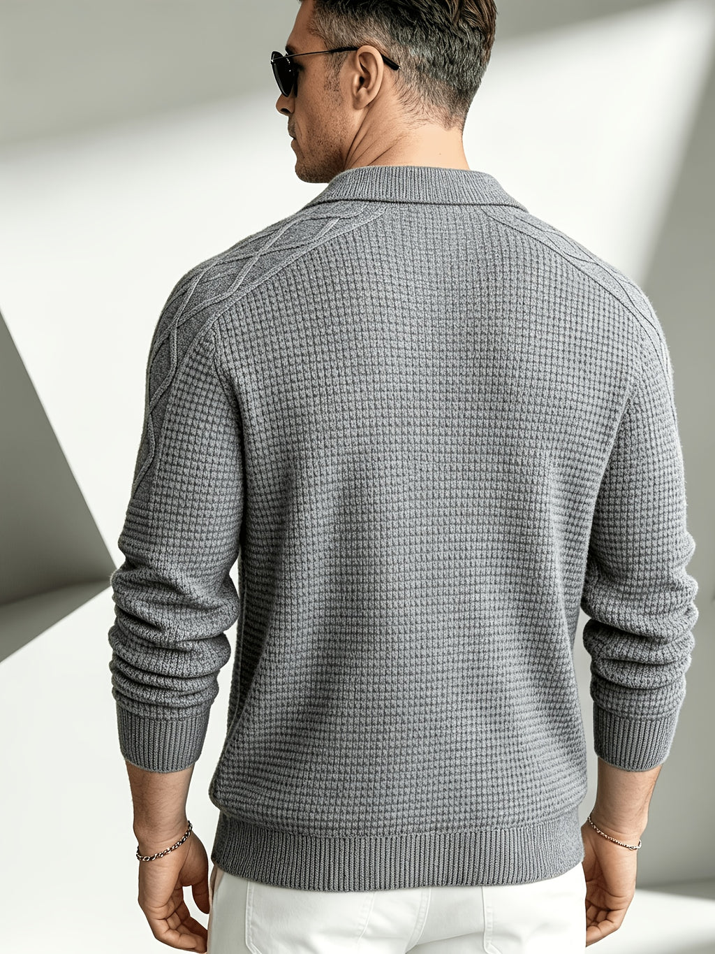 Business Mature Casual Men'S V-Neck Lapel Long Sleeve Jacquard Knit Polo Sweater, Soft Warm Textured Pullover Top, Suitable for Daily, Office, And Weekend Wear in Autumn And Winter - Light Grey