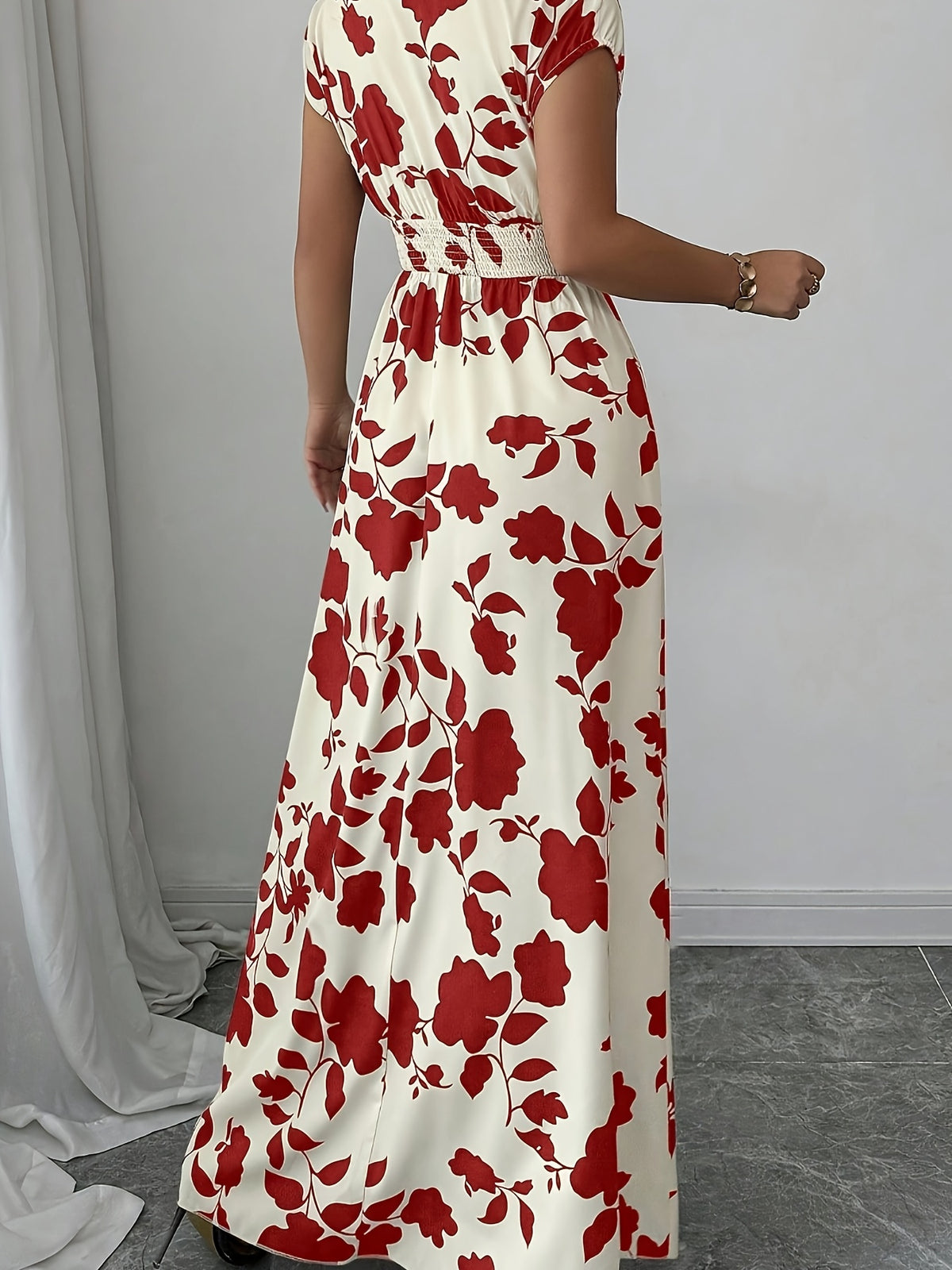 Elegant Pink Floral Maxi Dress with V-Neck and Short Sleeves - Flowing A-Line Silhouette, Cinched Waist, Perfect for Spring/Fall, Casual to Formal Wear, Casual Elegant Wear | Floral Print Dress | Cinched Waist Design - Red